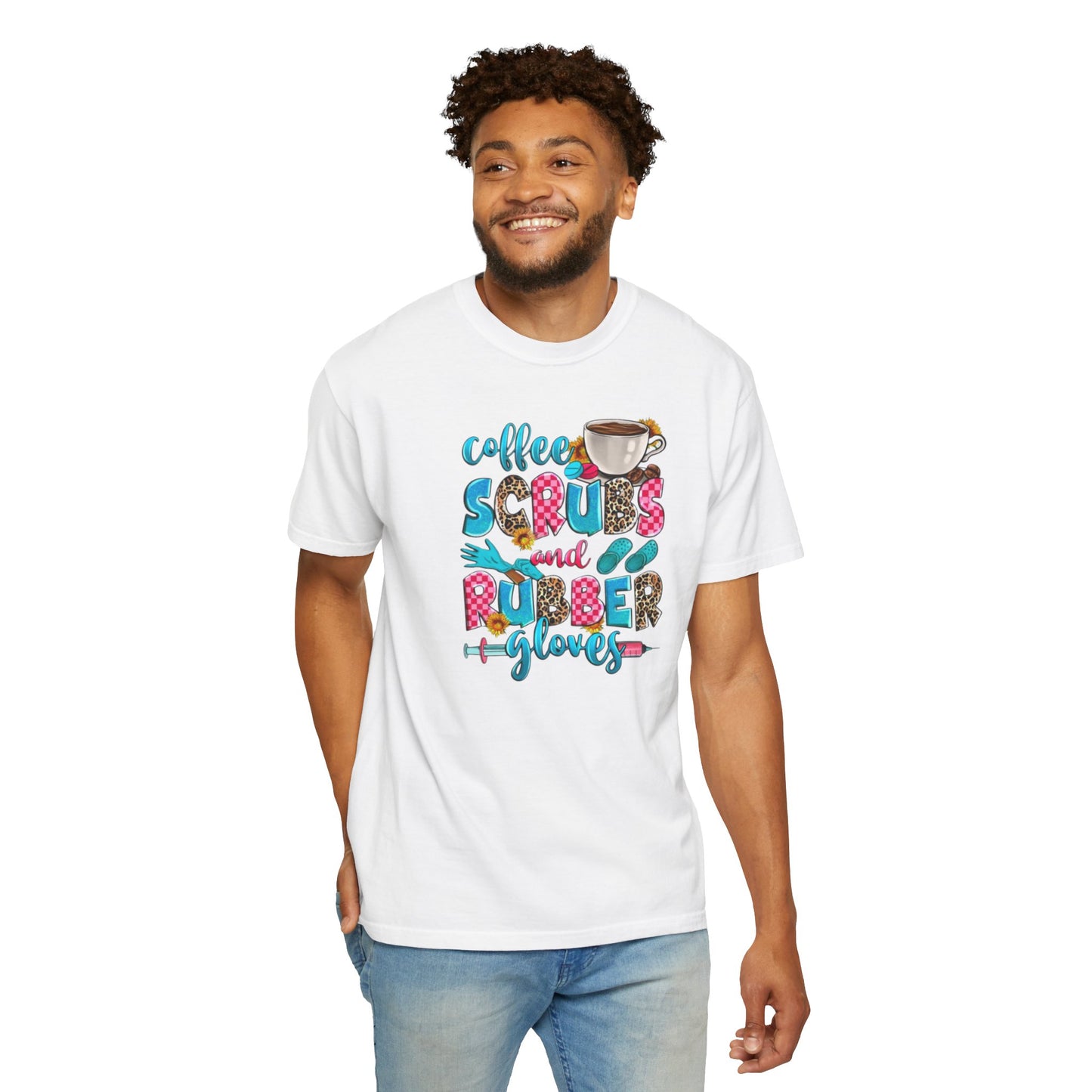 Coffee Scrubs and Rubber Gloves Unisex T-Shirt – Perfect for Nurses & Healthcare Workers