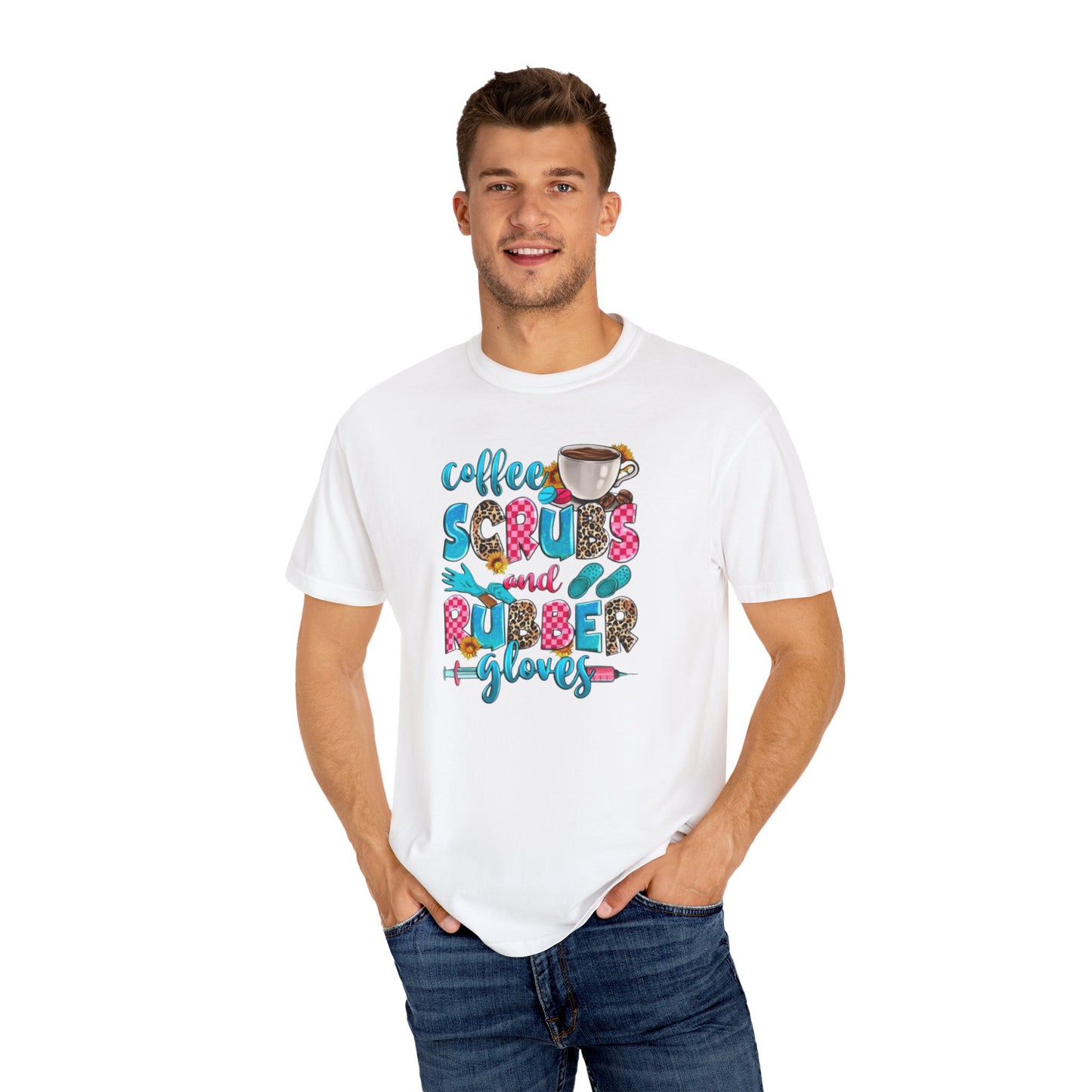 Coffee Scrubs and Rubber Gloves Unisex T-Shirt – Perfect for Nurses & Healthcare Workers